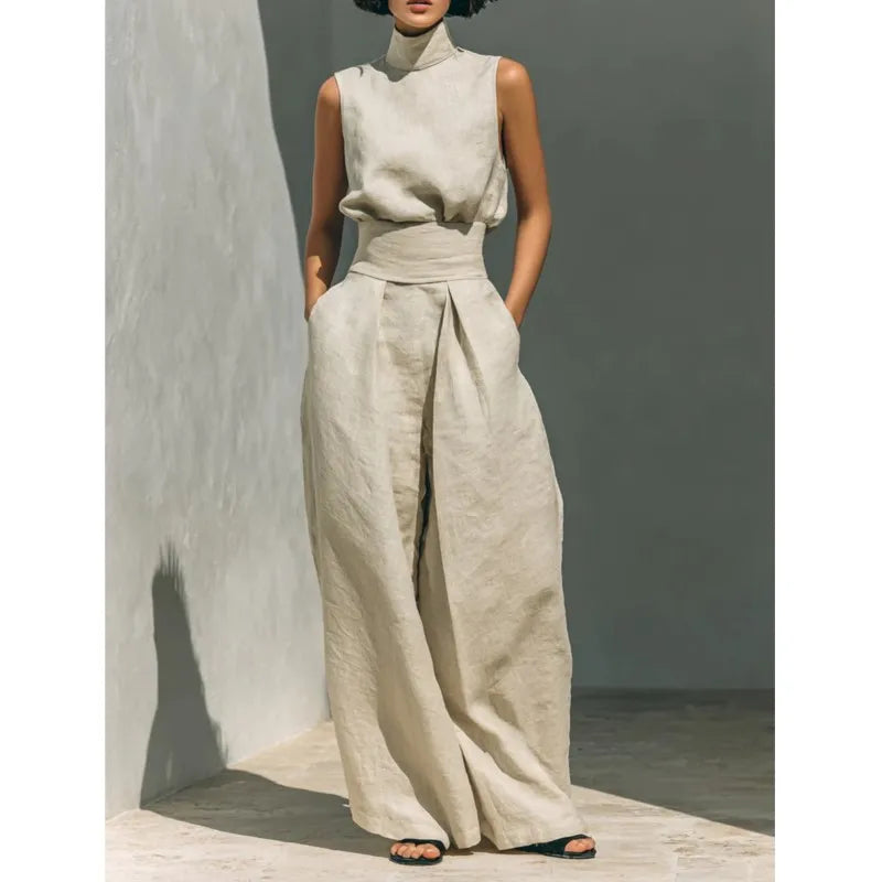 Refined Sleeveless Top and Wide Leg Trouser Set for the Office