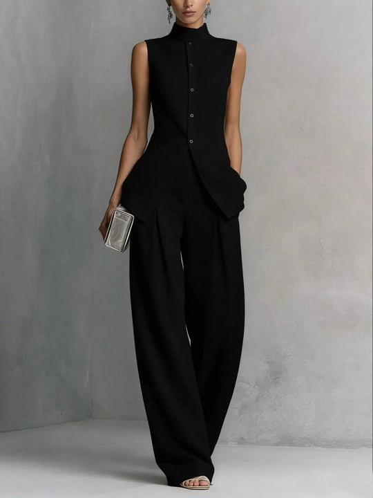 Elegant Sleeveless Linen Top and Wide Leg Pant Set for Workwear