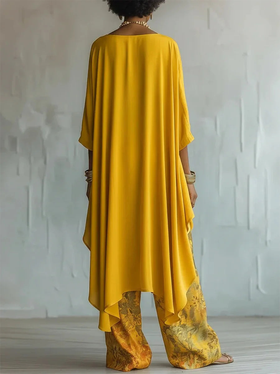Flowing Floral Print Top and Wide Leg Pants Set for Elegant Occasions - detail