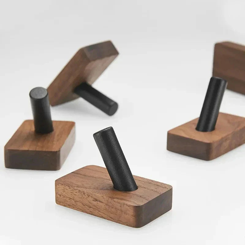 Natural Walnut Wood and Metal Wall Hooks for Entryway and Bathroom