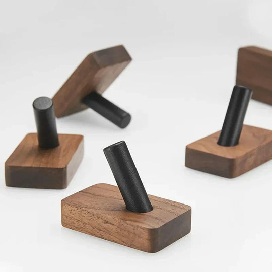 Natural Walnut Wood and Metal Wall Hooks for Entryway and Bathroom
