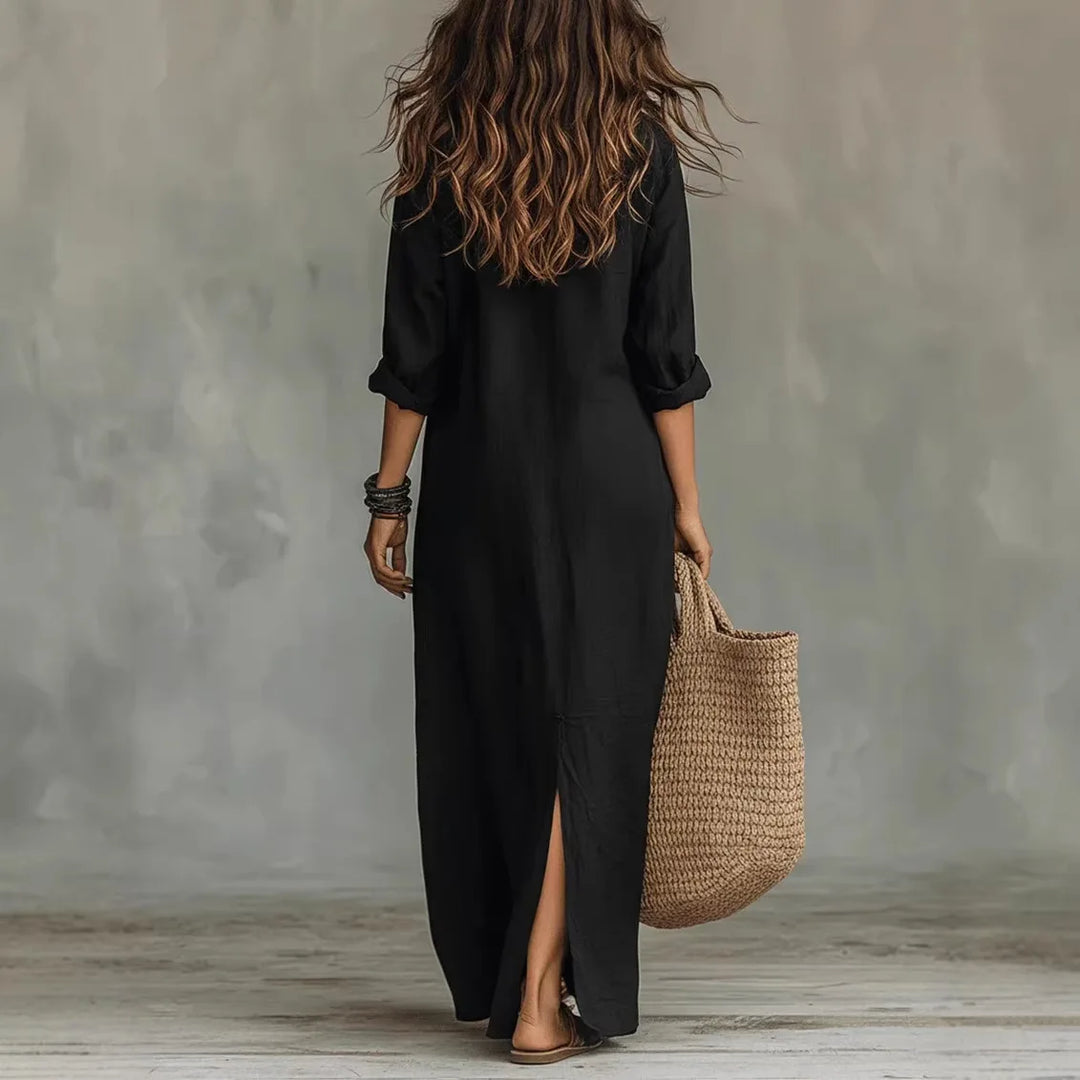 Relaxed Cotton Turn Down Collar Maxi Shirt Dress for Summer and Beach
