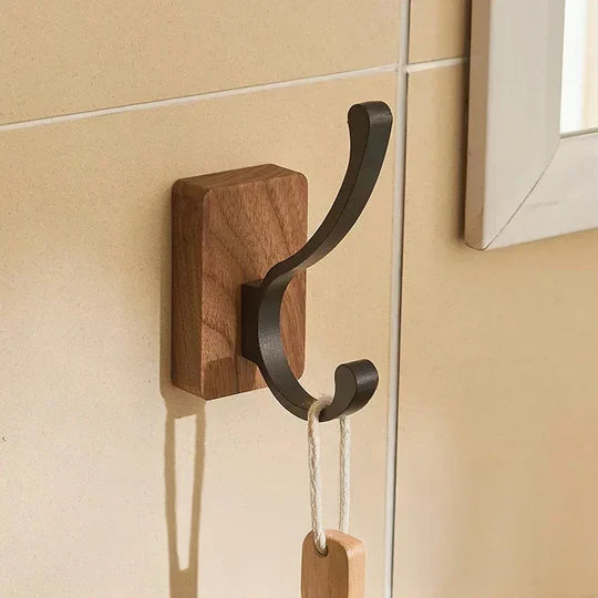 Natural Walnut Wood and Metal Wall Hooks for Entryway and Bathroom