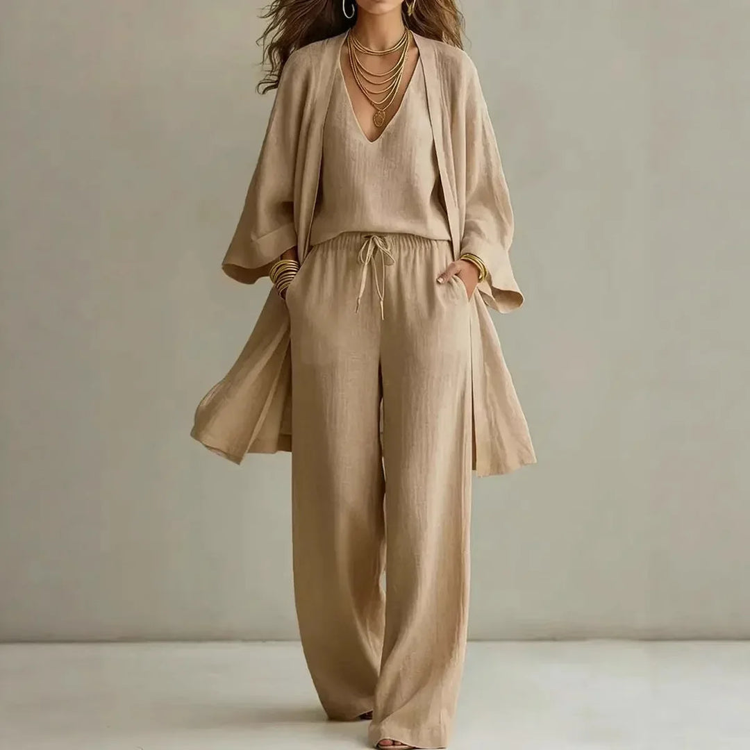 Relaxed Linen Cardigan Top and Wide Leg Pant Lounge Set for Everyday