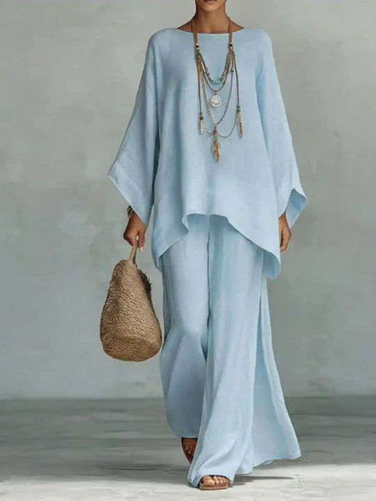 Relaxed Oversized Linen Batwing Top and Wide Leg Pants Set for Summer