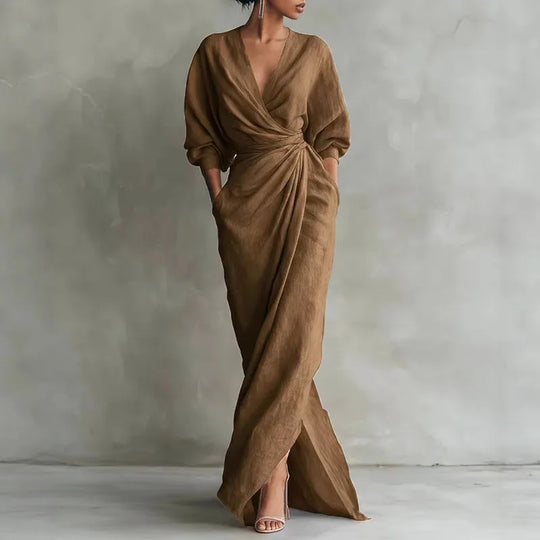 Elegant V Neck Wrap Waist Maxi Dress for Spring and Evening Wear