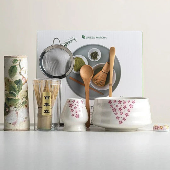 Sakura Ceramic Matcha Bowl and Bamboo Whisk Tea Set for Tea Ceremony