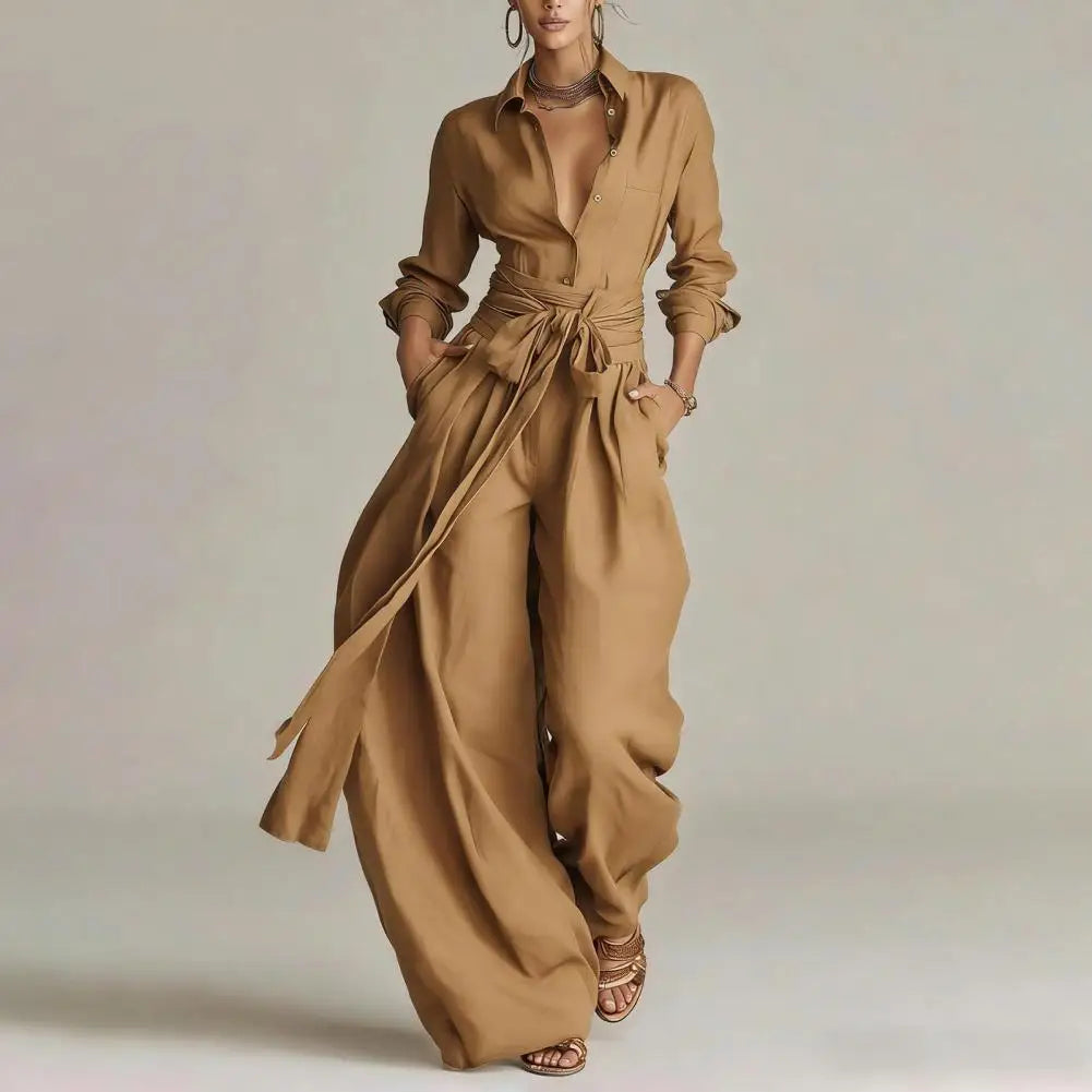 Relaxed Linen Button-Down Shirt and Wide-Leg Pants Lounge Set for Women