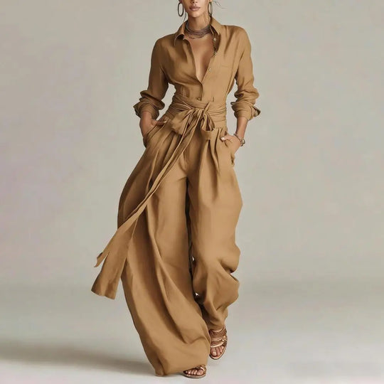 Relaxed Linen Button-Down Shirt and Wide-Leg Pants Lounge Set for Women