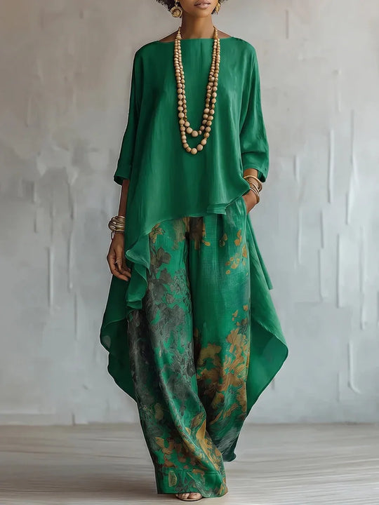 Flowing Floral Print Top and Wide Leg Pants Set for Elegant Occasions - Green