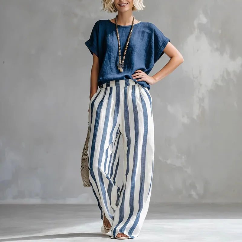 Striped Cotton-Linen Short-Sleeve Top and Wide-Leg Trouser Summer Set