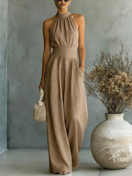 Graceful Halter Wide Leg Jumpsuit for Vacation and Occasions