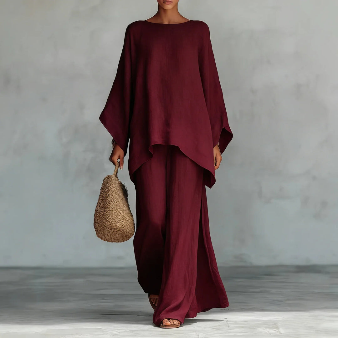 Relaxed Oversized Linen Batwing Top and Wide Leg Pants Set for Summer