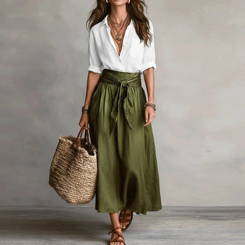 Elegant Linen Blouse and Tie Waist Skirt Co Ord Set for Office and Outings
