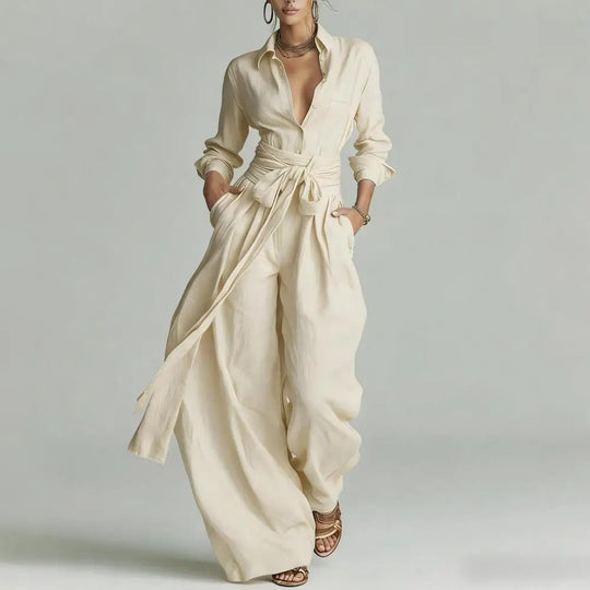 Relaxed Linen Button-Down Shirt and Wide-Leg Pants Lounge Set for Women