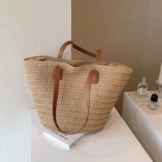 Oversized Straw Woven Tote Bag for Beach Days
