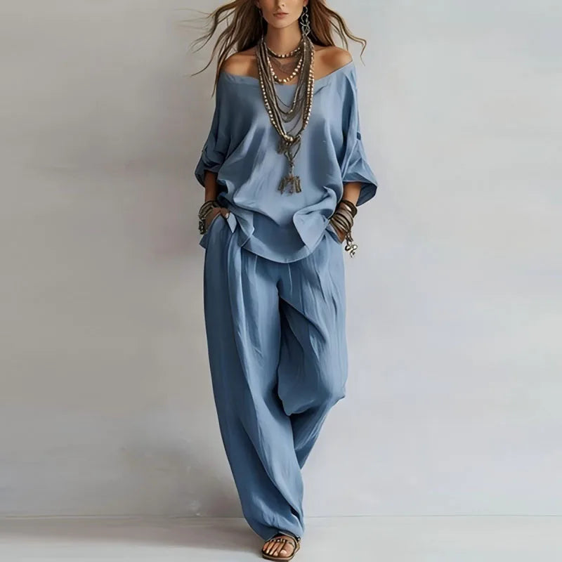 Off Shoulder Top and Wide Leg Trouser Two Piece Set for Elegant Occasions