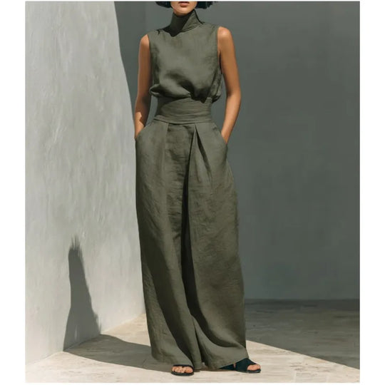 Refined Sleeveless Top and Wide Leg Trouser Set for the Office