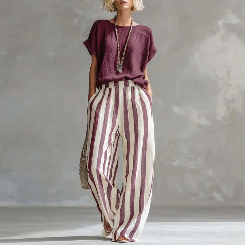 Striped Cotton-Linen Short-Sleeve Top and Wide-Leg Trouser Summer Set