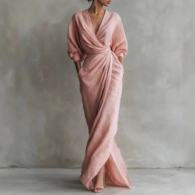 Elegant V Neck Wrap Waist Maxi Dress for Spring and Evening Wear