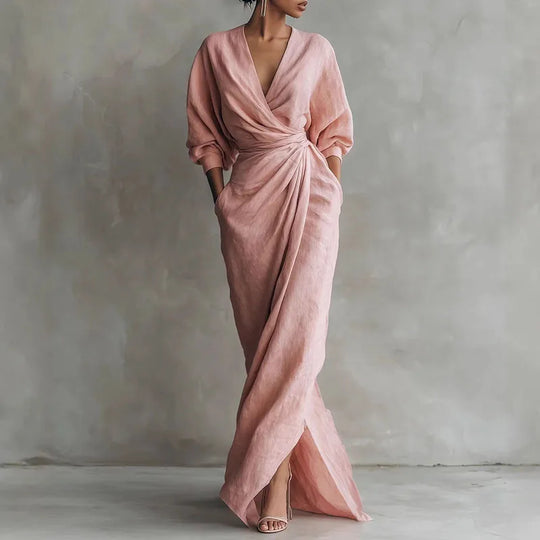 Elegant V Neck Wrap Waist Maxi Dress for Spring and Evening Wear