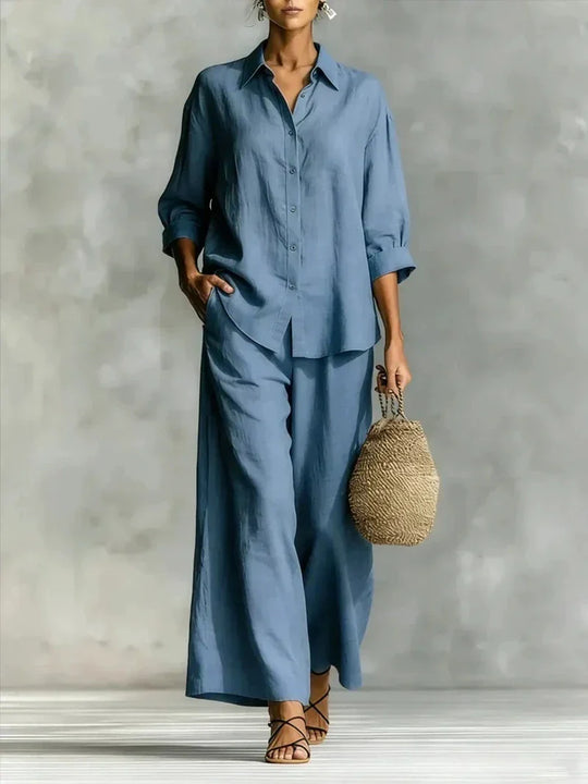 Two Piece Shirt and Wide Leg Pants Set for Summer Days
