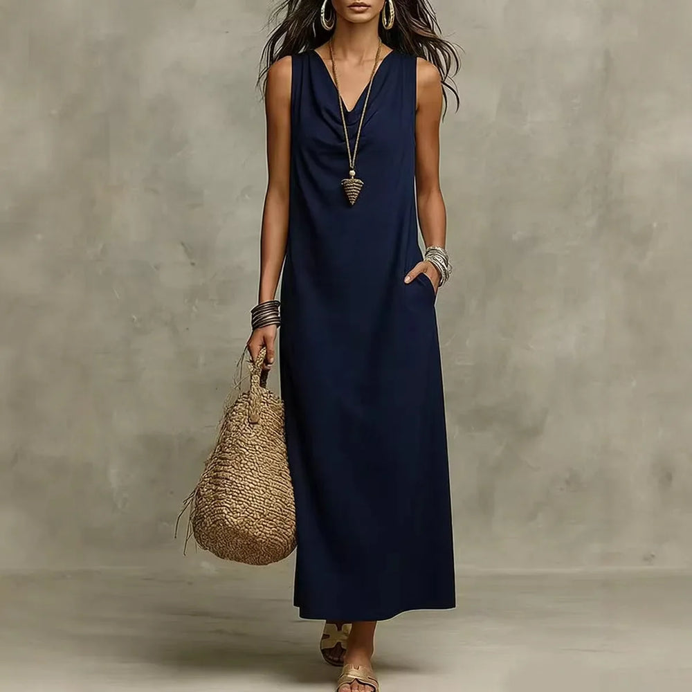 Casual Linen Sleeveless V Neck Maxi Dress for Summer