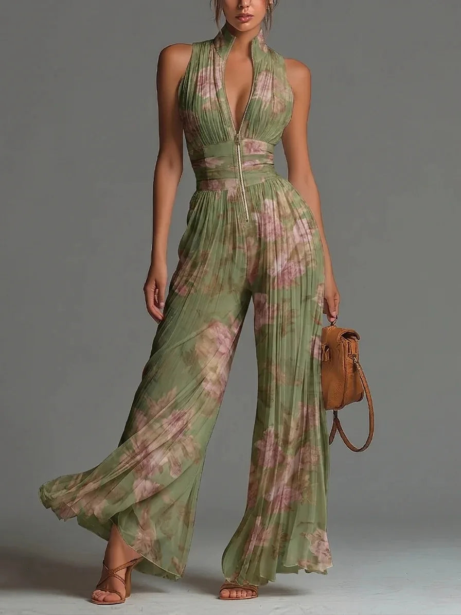 Elegant Pleated Halter Wide Leg Jumpsuit for Evening and Occasion Wear - Green