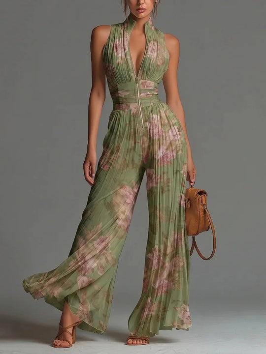 Elegant Pleated Halter Wide Leg Jumpsuit for Evening and Occasion Wear - Green