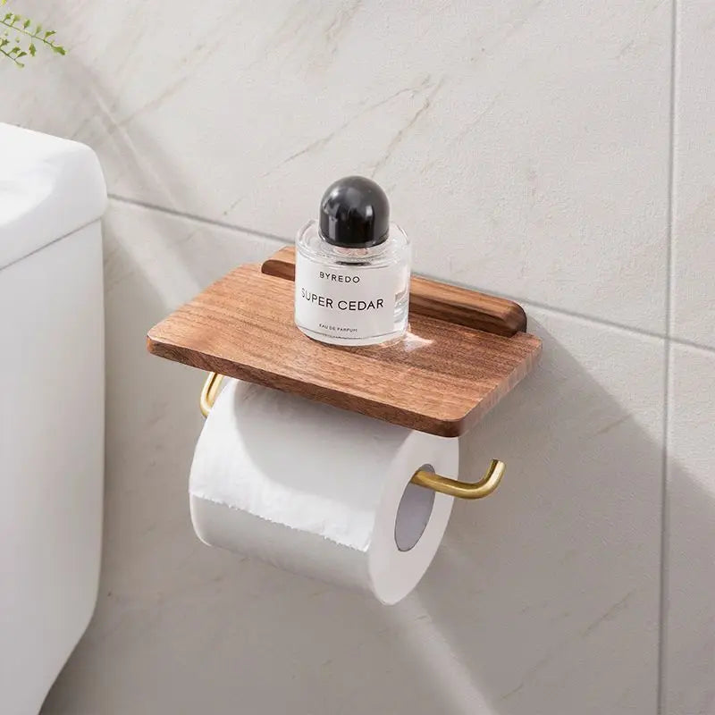 Walnut Wood and Brass Toilet Roll Holder with Shelf for Bathroom