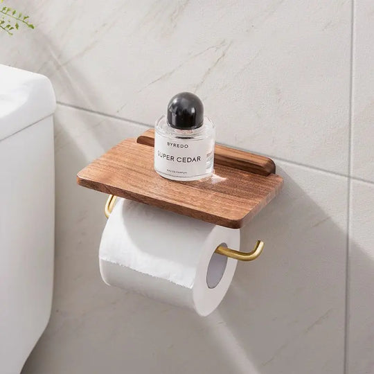 Walnut Wood and Brass Toilet Roll Holder with Shelf for Bathroom