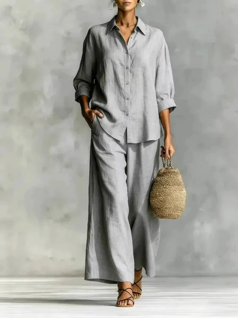 Two Piece Shirt and Wide Leg Pants Set for Summer Days