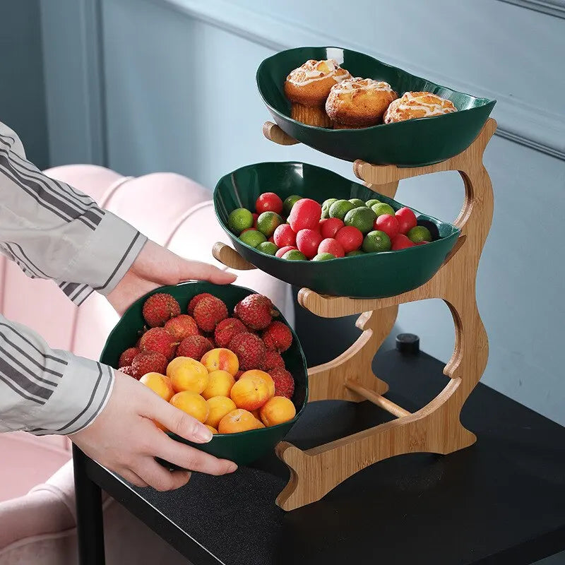 Tiered Plastic Fruit Bowl with Wooden Stand for Kitchen Counter and Dining