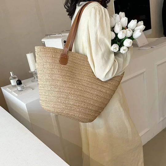 Oversized Straw Woven Tote Bag for Beach Days