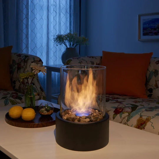 Fireplace glowing in living room