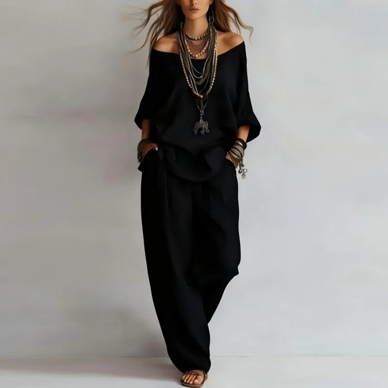 Off Shoulder Top and Wide Leg Trouser Two Piece Set for Elegant Occasions
