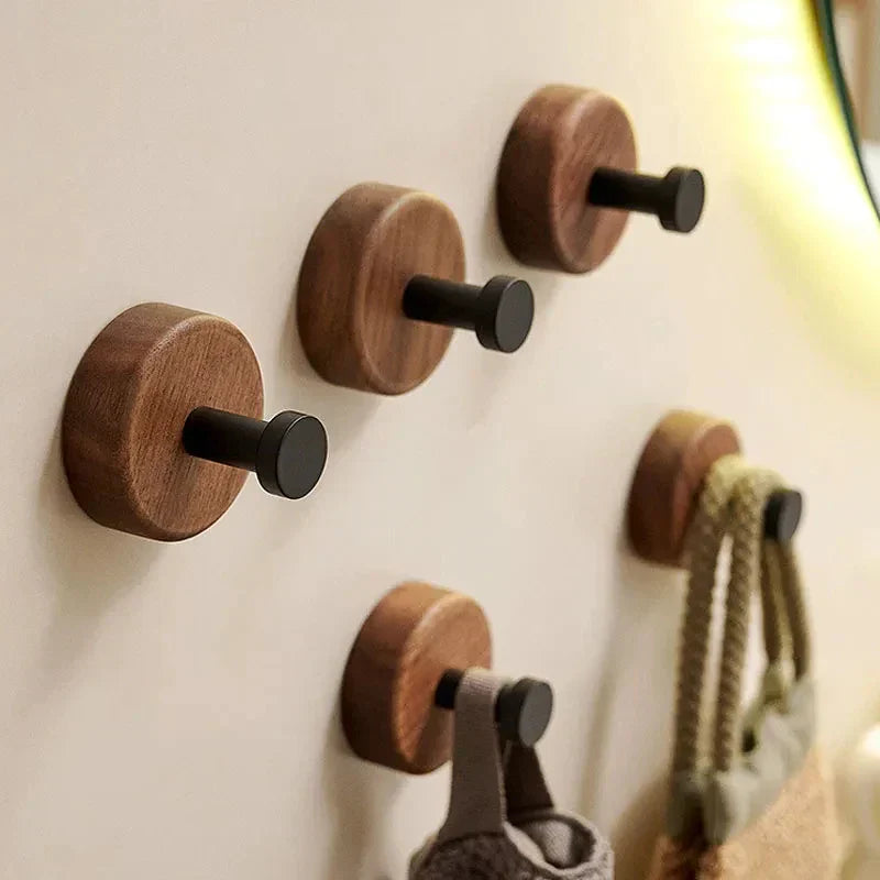 Natural Walnut Wood and Metal Wall Hooks for Entryway and Bathroom
