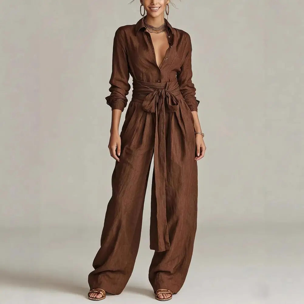 Relaxed Linen Button-Down Shirt and Wide-Leg Pants Lounge Set for Women