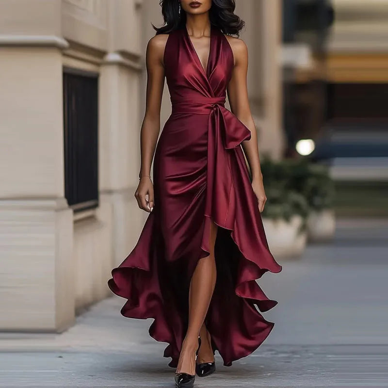 Halter Satin Maxi Dress for Evening Banquets