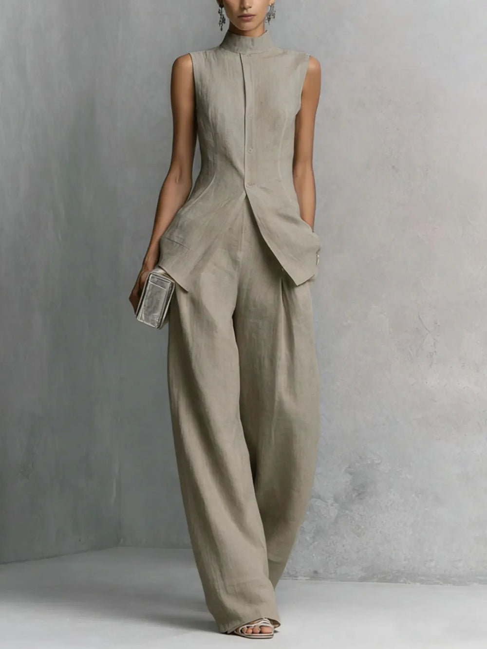 Elegant Sleeveless Linen Top and Wide Leg Pant Set for Workwear