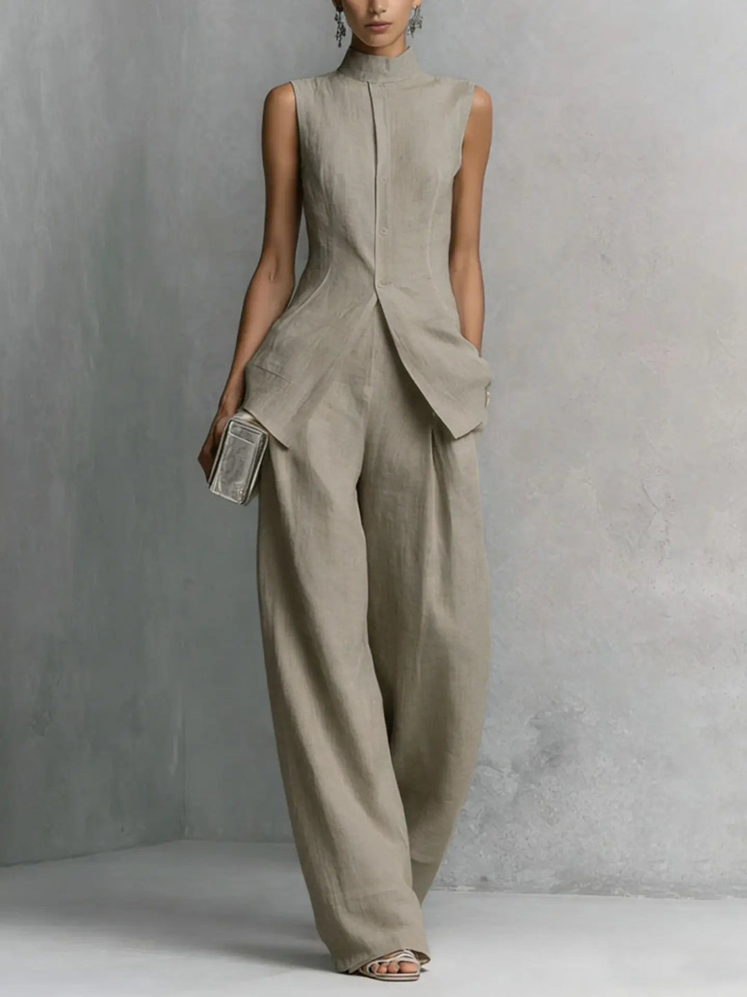 Elegant Sleeveless Linen Top and Wide Leg Pant Set for Workwear