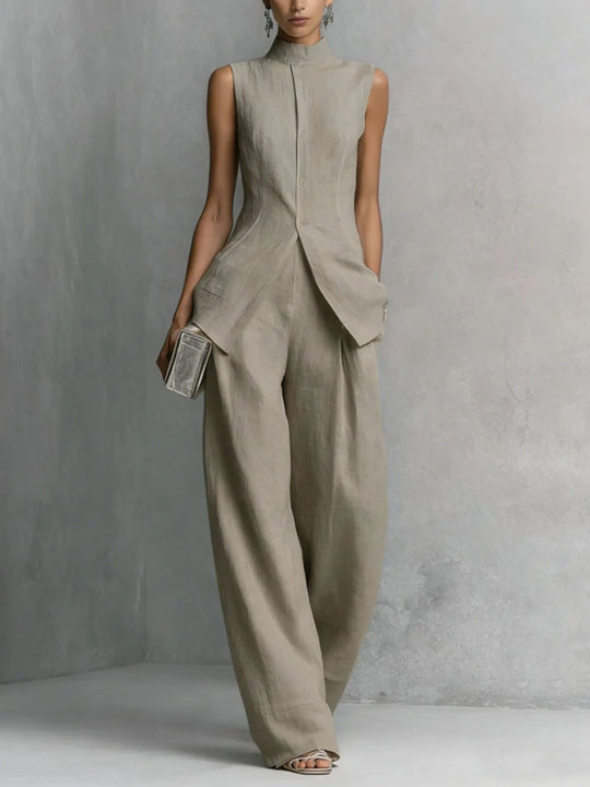Elegant Sleeveless Linen Top and Wide Leg Pant Set for Workwear