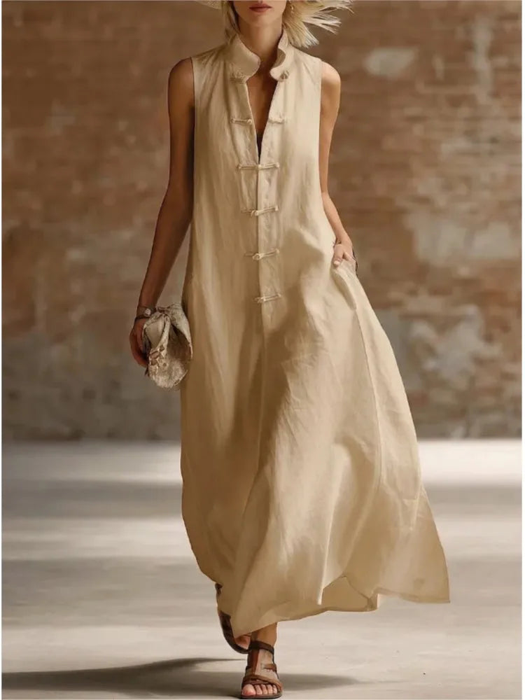 Breezy Frog Button Sleeveless Maxi Dress for Summer