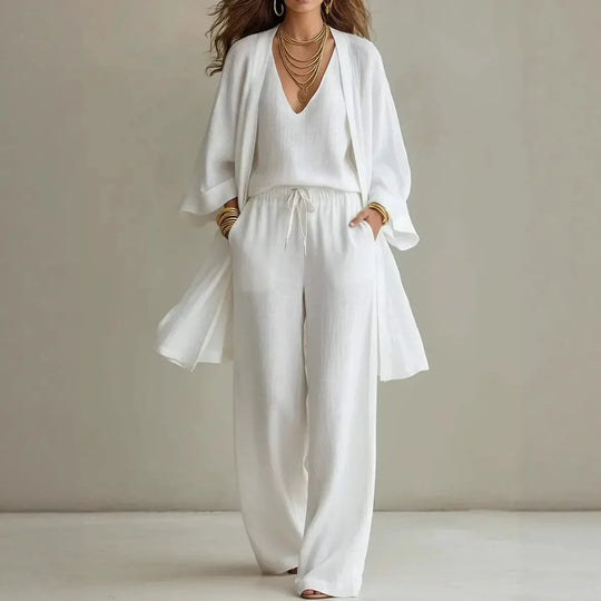 Relaxed Linen Cardigan Top and Wide Leg Pant Lounge Set for Everyday