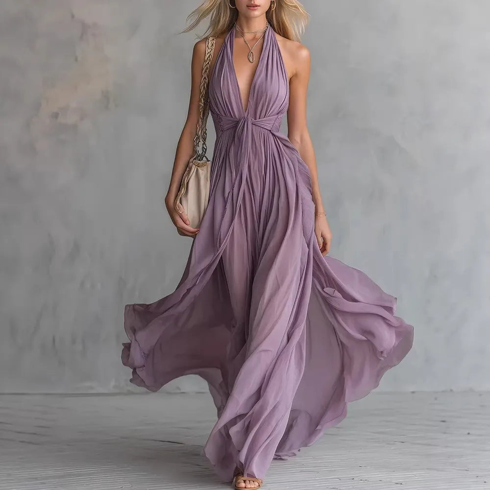 Elegant Halter Deep V Backless Maxi Dress for Evening Occasions