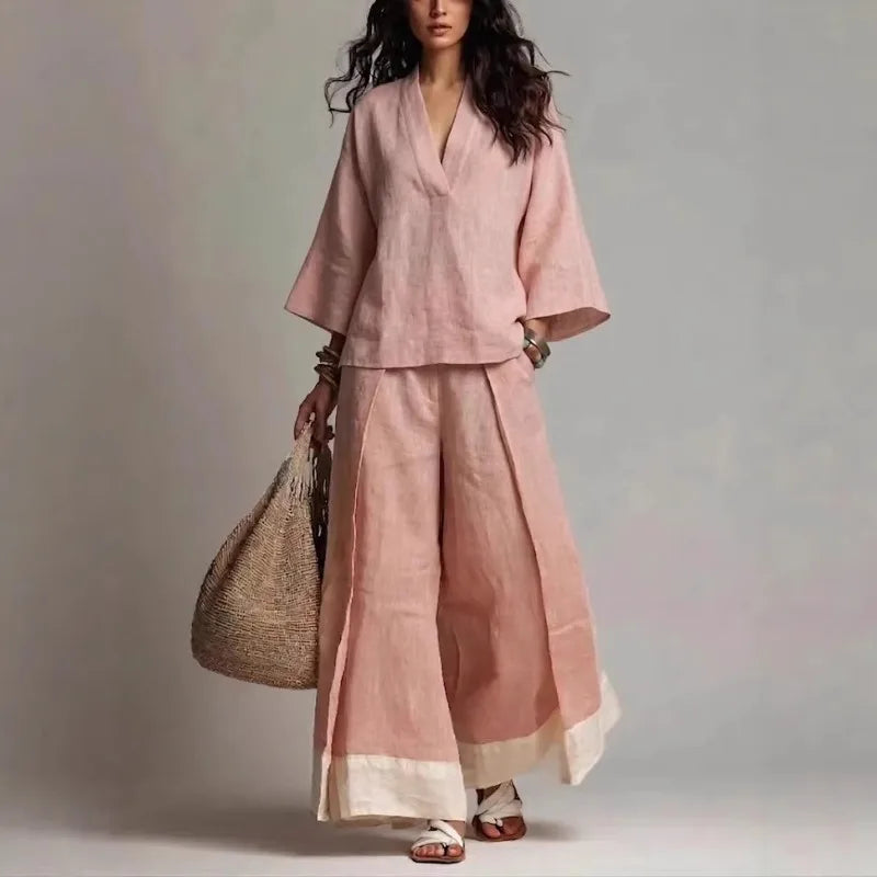V Neck Linen Two-Piece Set for Relaxed Holiday Days