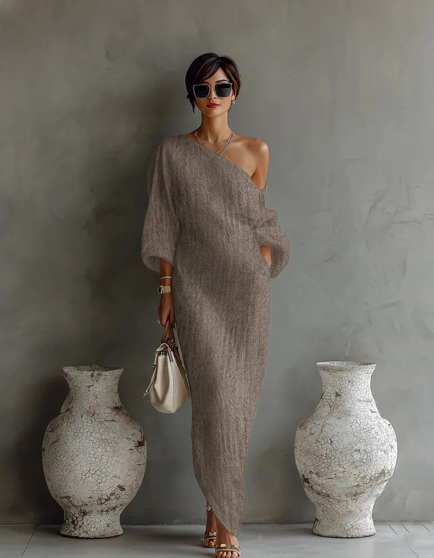 Elegant One Shoulder Linen Maxi Dress with Batwing Sleeves for Summer