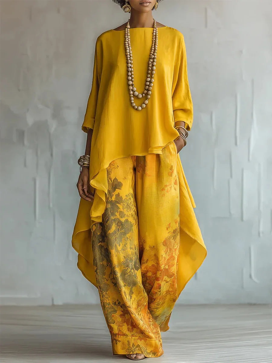 Flowing Floral Print Top and Wide Leg Pants Set for Elegant Occasions - Yellow