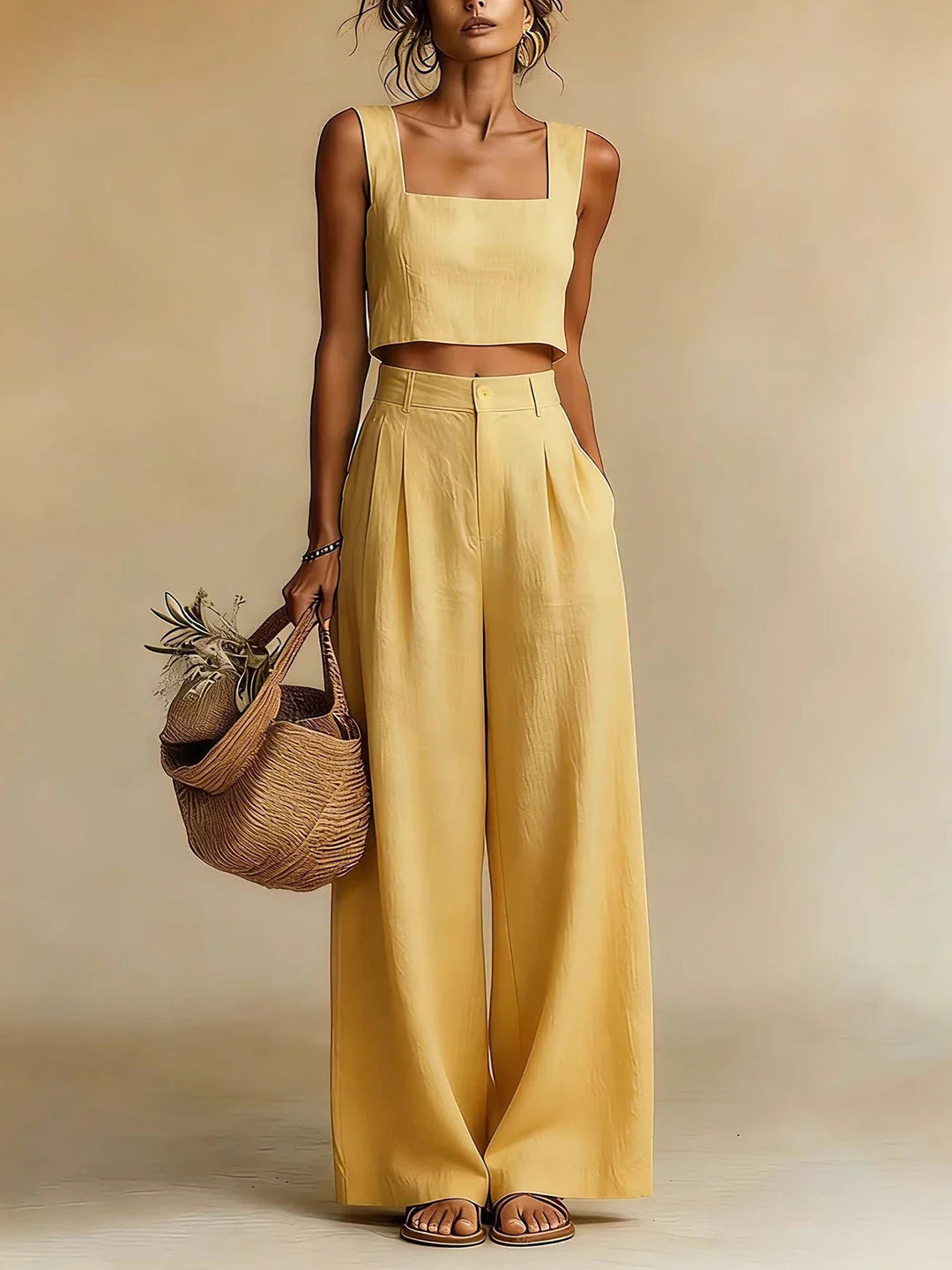 Relaxed Linen Crop Top and Wide Leg Palazzo Pants Set for Summer