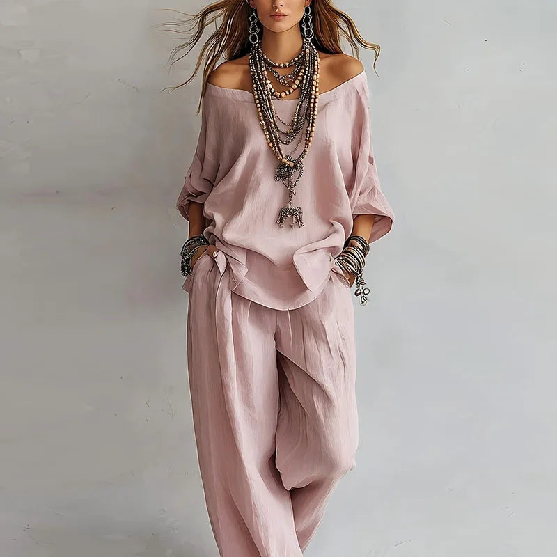 Off Shoulder Top and Wide Leg Trouser Two Piece Set for Elegant Occasions